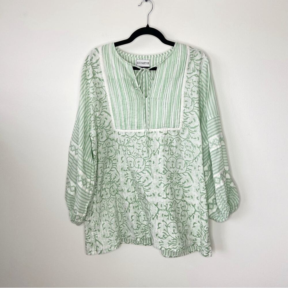 Sue Sartor Green Floral Oversized Tunic Blouse Size XS